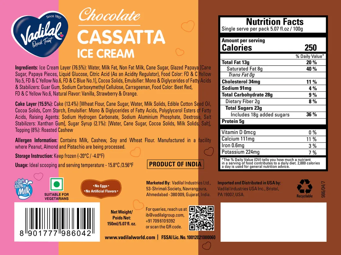 vadilal chocolate cassata ice cream 150 ml